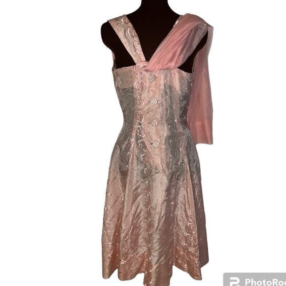 Stunning Vintage Hand Made Pink Floral Taffeta Rear Sash Ribbon Bow Dress - Picture 9 of 13